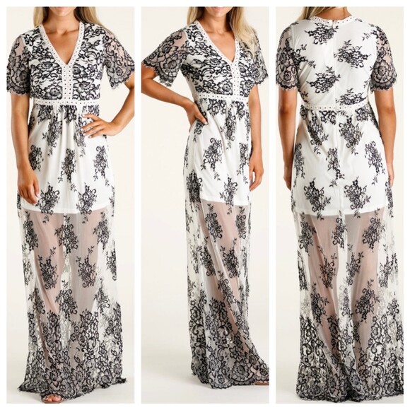 NWOT Peach Love California Lace Maxi Dress w Sheer Skirt in White & Black Size S - Picture 5 of 12